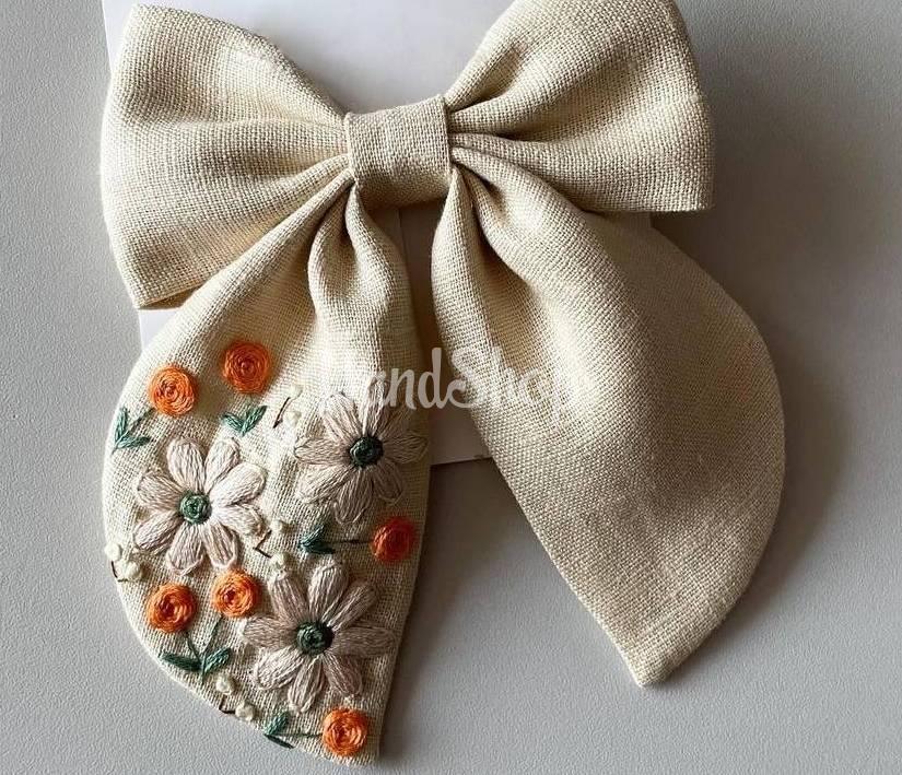 Дитячий бант для волосся вишивка польові квіти, льон Дитячий бант для волосся вишивка польові квіти, льон