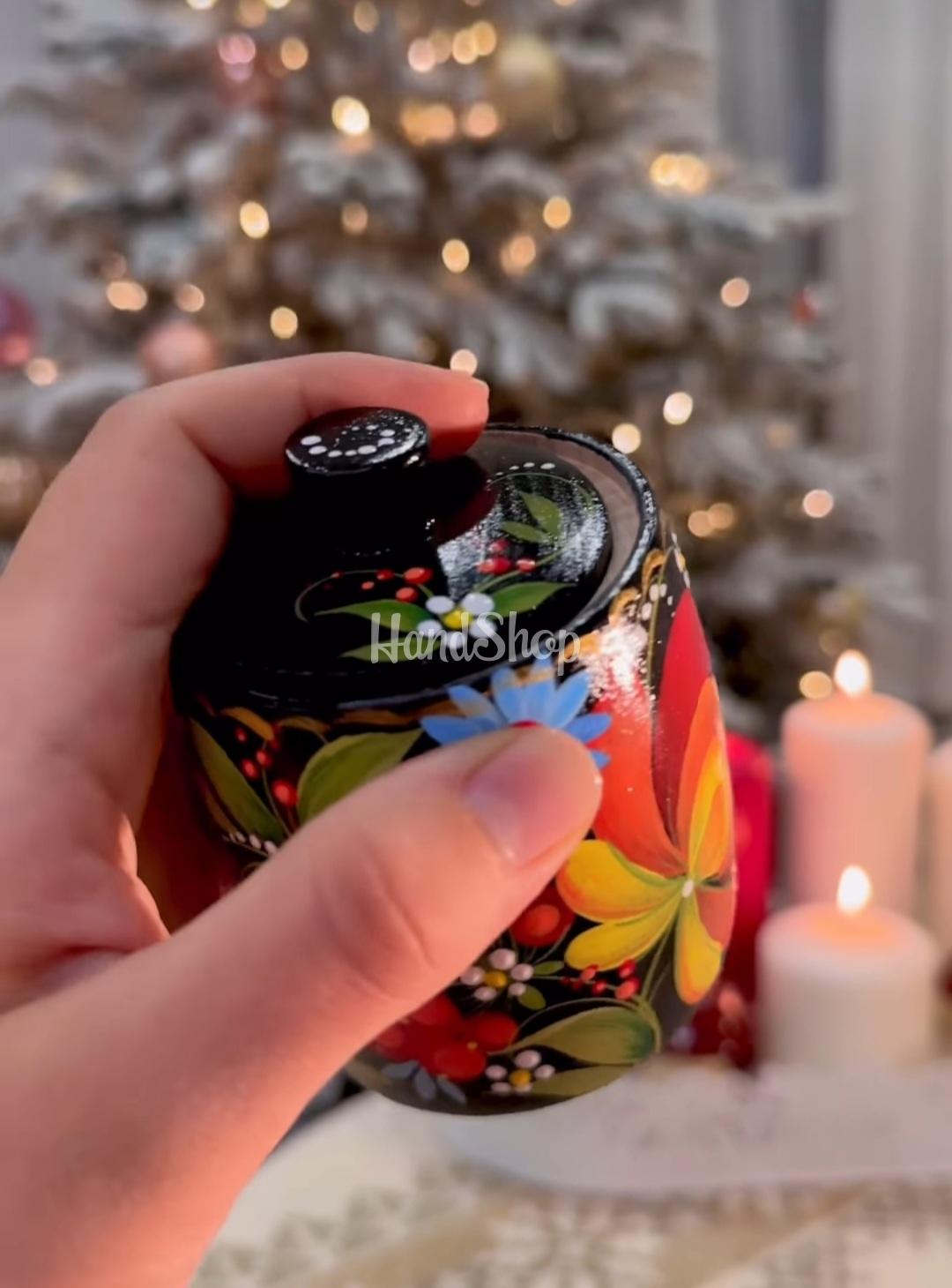 Дерев'яна сувенірна пара сільнички петриківський розпис, 2 шт Дерев'яна сувенірна пара сільнички петриківський розпис, 2 шт