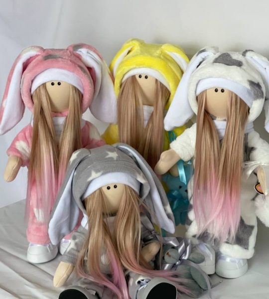 Новорічна тільда лялька сплюшка в комбінезоні зірочка