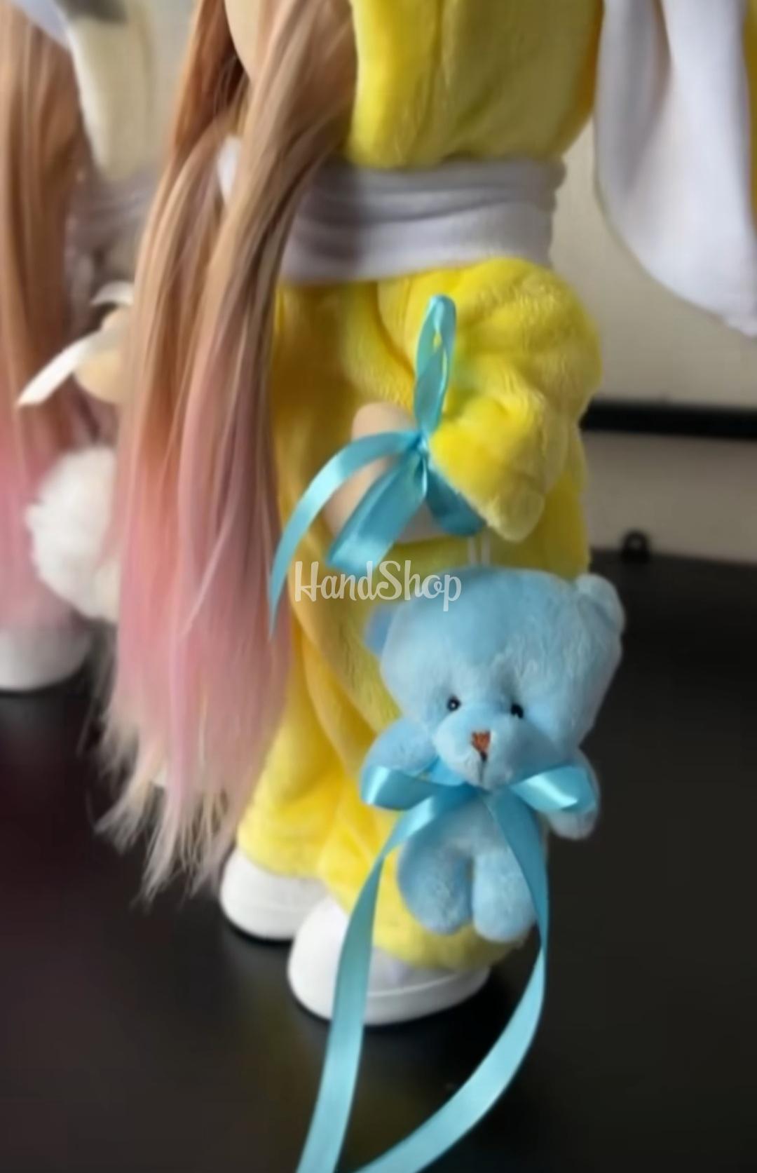 Новорічна тільда лялька сплюшка зайка в жовтому комбінезон Новорічна тільда лялька сплюшка зайка в жовтому комбінезон