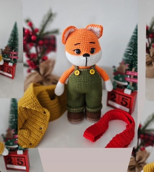В’язана дитяча м’яка іграшка лисеня у кожушку новорічний