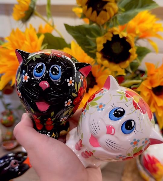 Пара котики з кераміки з петриківським розписом, 2 шт