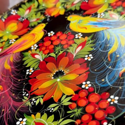 Керамічна тарілка панно петриківський розпис пташки пара