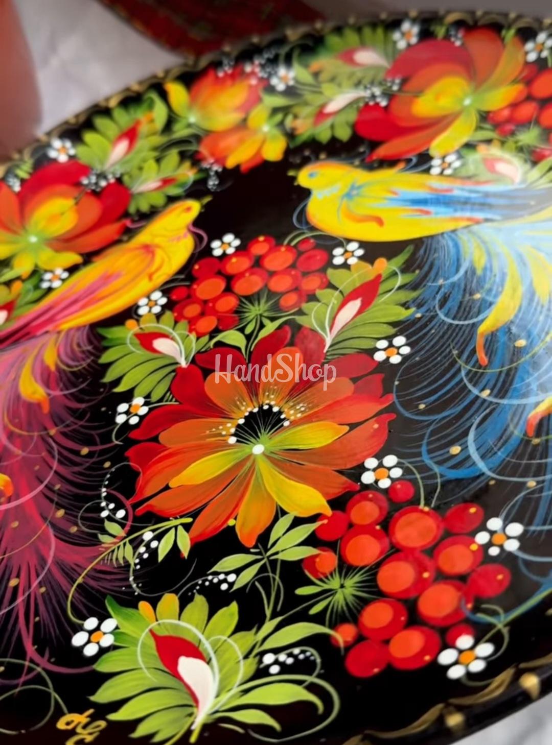 Керамічна тарілка панно петриківський розпис пташки пара Керамічна тарілка панно петриківський розпис пташки пара