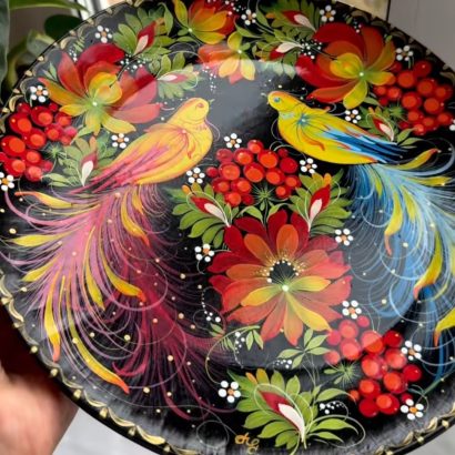 Керамічна тарілка панно петриківський розпис пташки пара