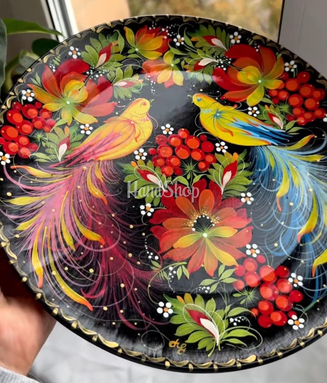 Керамічна тарілка панно петриківський розпис пташки пара Керамічна тарілка панно петриківський розпис пташки пара