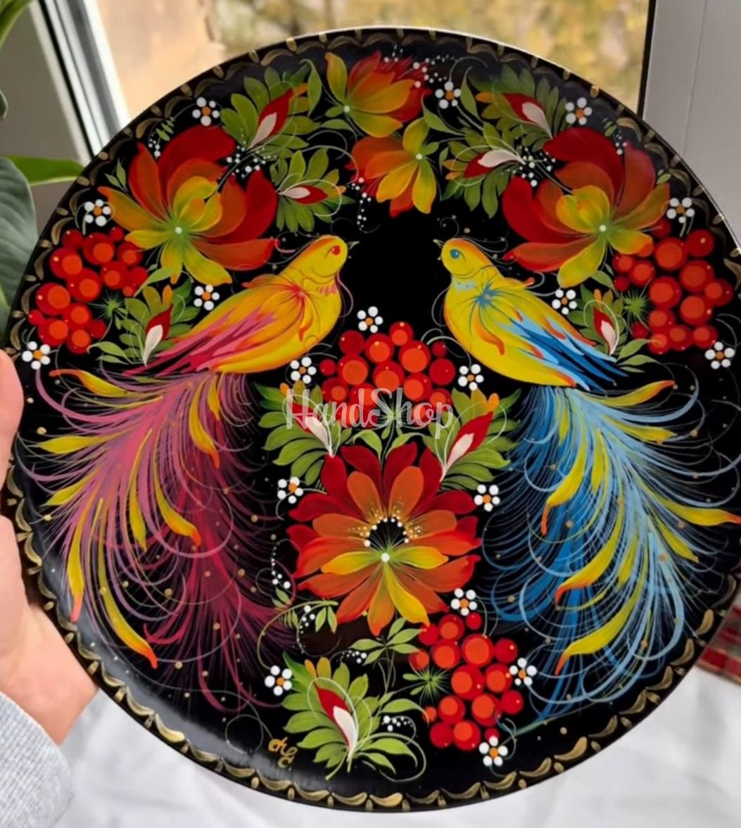 Керамічна тарілка панно петриківський розпис пташки пара Керамічна тарілка панно петриківський розпис пташки пара