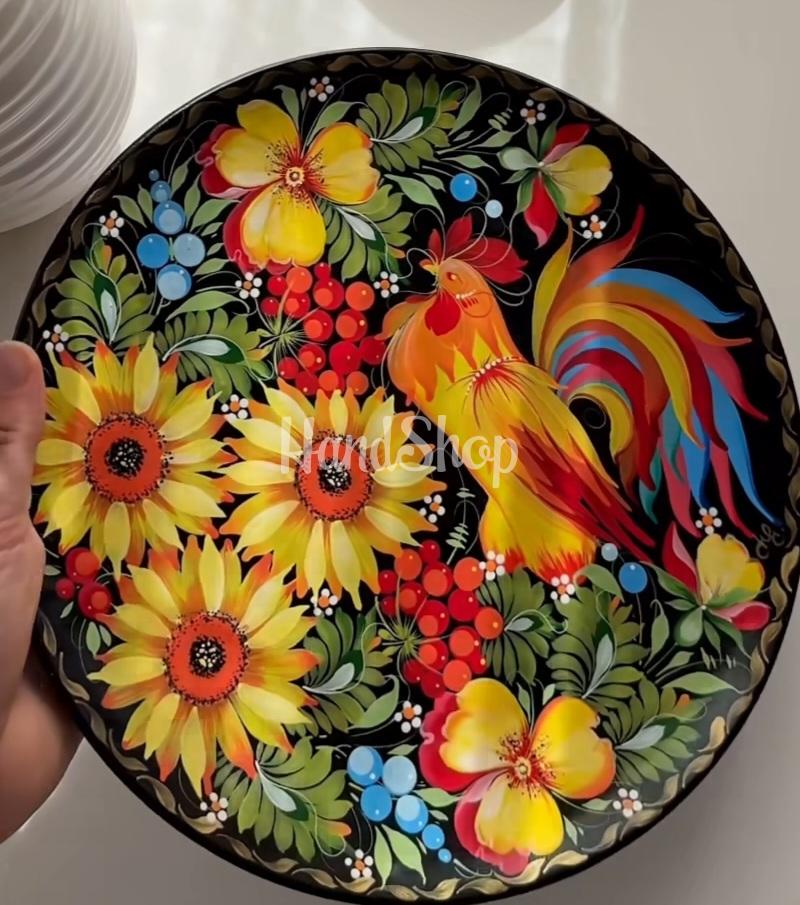 Керамічна тарілка панно петриківський розпис півник Керамічна тарілка панно петриківський розпис півник