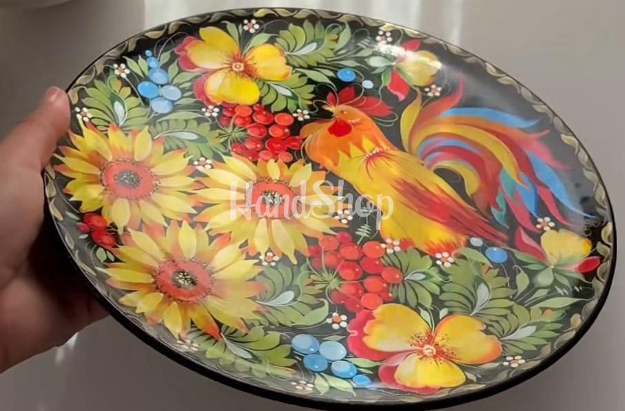 Керамічна тарілка панно петриківський розпис півник Керамічна тарілка панно петриківський розпис півник