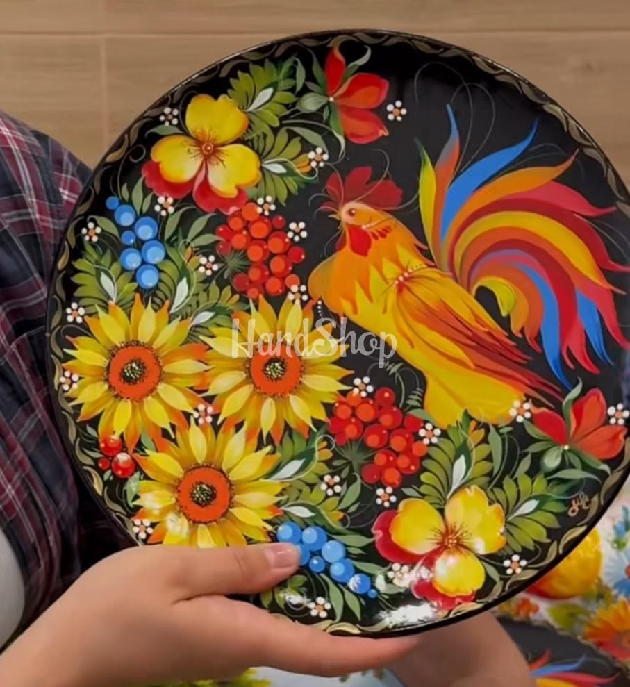 Керамічна тарілка панно петриківський розпис півник Керамічна тарілка панно петриківський розпис півник