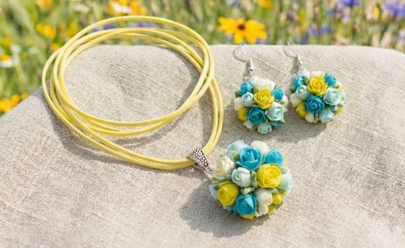 Подарунок коханій на 14 лютого - прикраси сережки та кулон квіти троянд з глини, створені з любов’ю