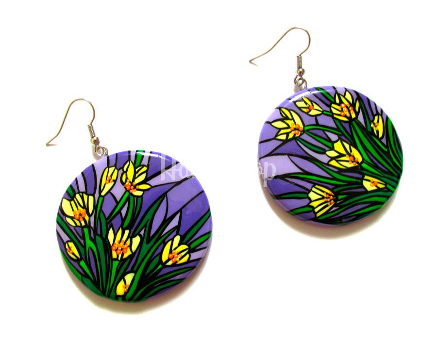 Круглые серьги цветы желтые крокусы украшения из дерева Круглые серьги цветы желтые крокусы украшения из дерева
