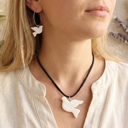 Комплект сережки та кулон горлиці пташки зі глини