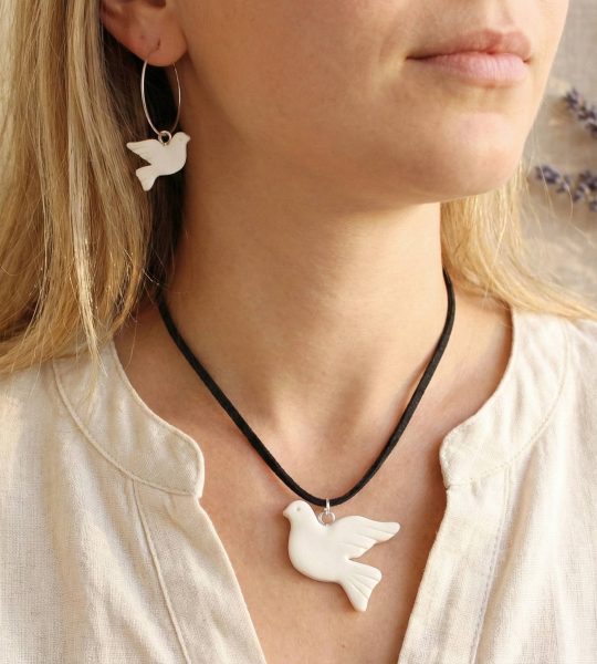 Комплект сережки та кулон горлиці пташки зі глини