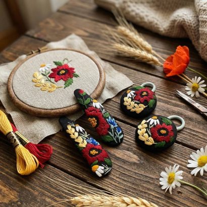 Набір польові квіти маки заколки 2 шт та резинки 2 шт