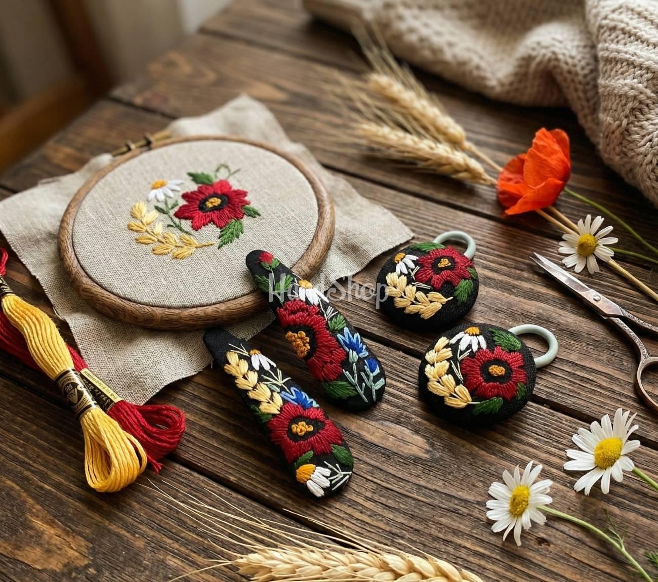 Набір польові квіти маки заколки 2 шт та резинки 2 шт Набір польові квіти маки заколки 2 шт та резинки 2 шт