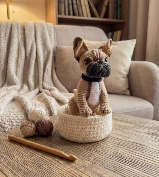 Авторська іграшка в'язаний пес французький бульдог