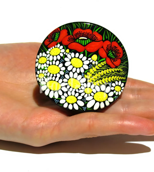 Резинка для волосся дерев'яна польові квіти маки та ромашки