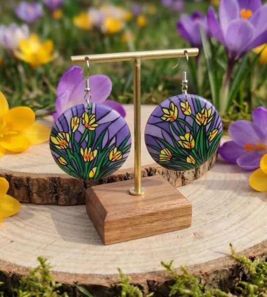 Круглі сережки квіти жовті крокуси ручного розпису