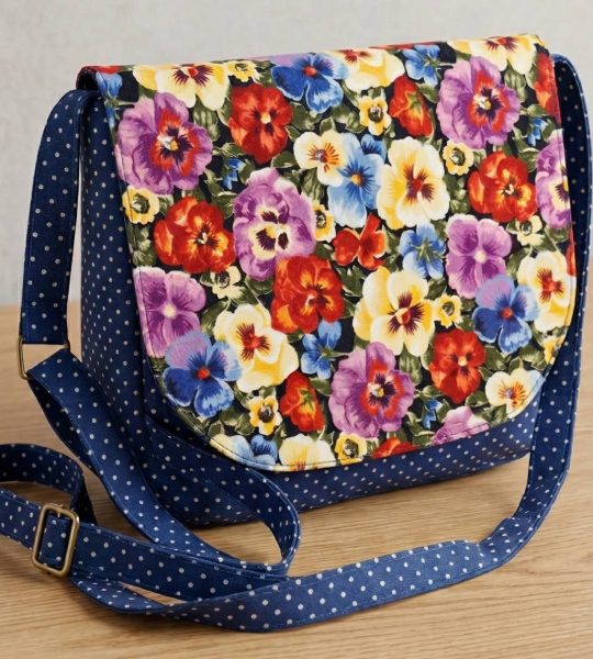 Жіноча сумочка з довгою шлейкою на кнопці з тканина квіти фіалки