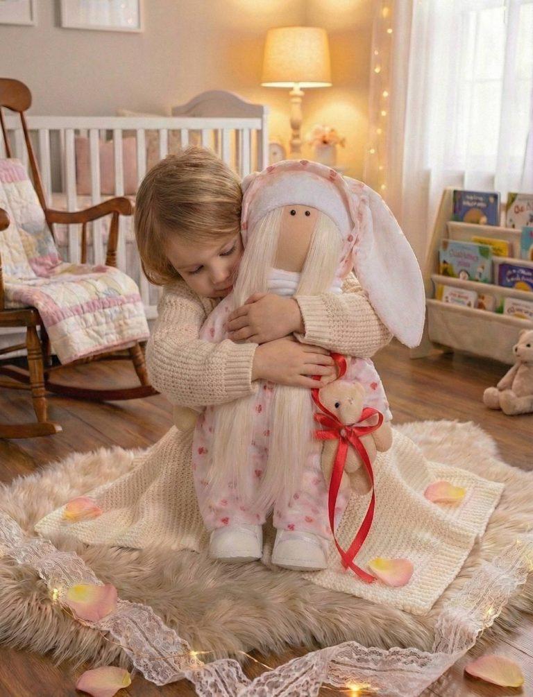Лялька валенинка тільда блондинка в комбінезоні зайка — фото 4