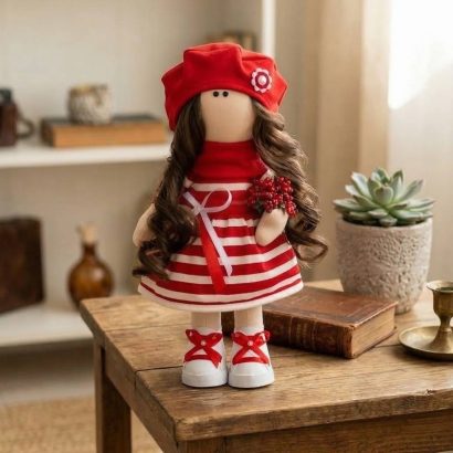 Авторська лялька тільда з довгим волоссям валентинка