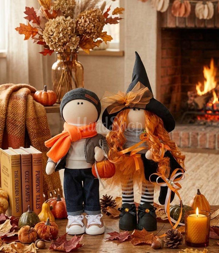 Сувенірна пара великих осінніх текстильних ляльок в стилі Halloween — фото 1