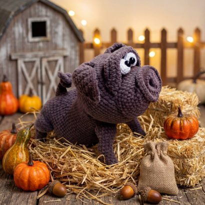 Авторська іграшка в'язане міні порося у коричневому кольорі