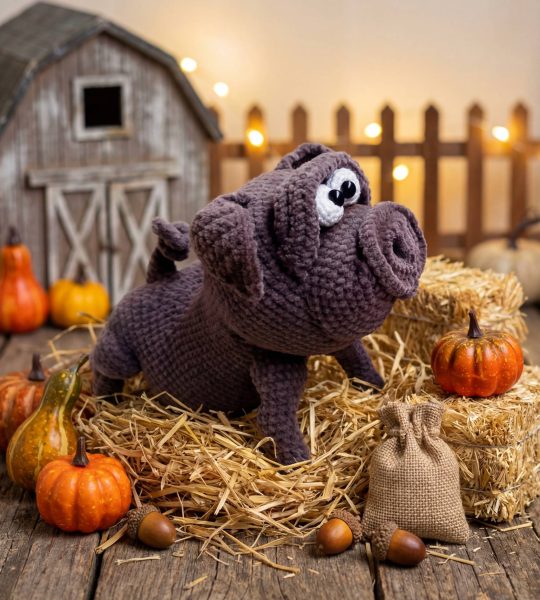 Авторська іграшка в'язане міні порося у коричневому кольорі