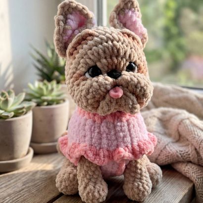 Авторська м’яка в'язана іграшка песик бульдог ручної роботи
