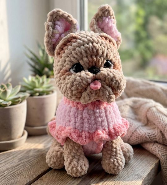 Авторська м’яка в'язана іграшка песик бульдог ручної роботи