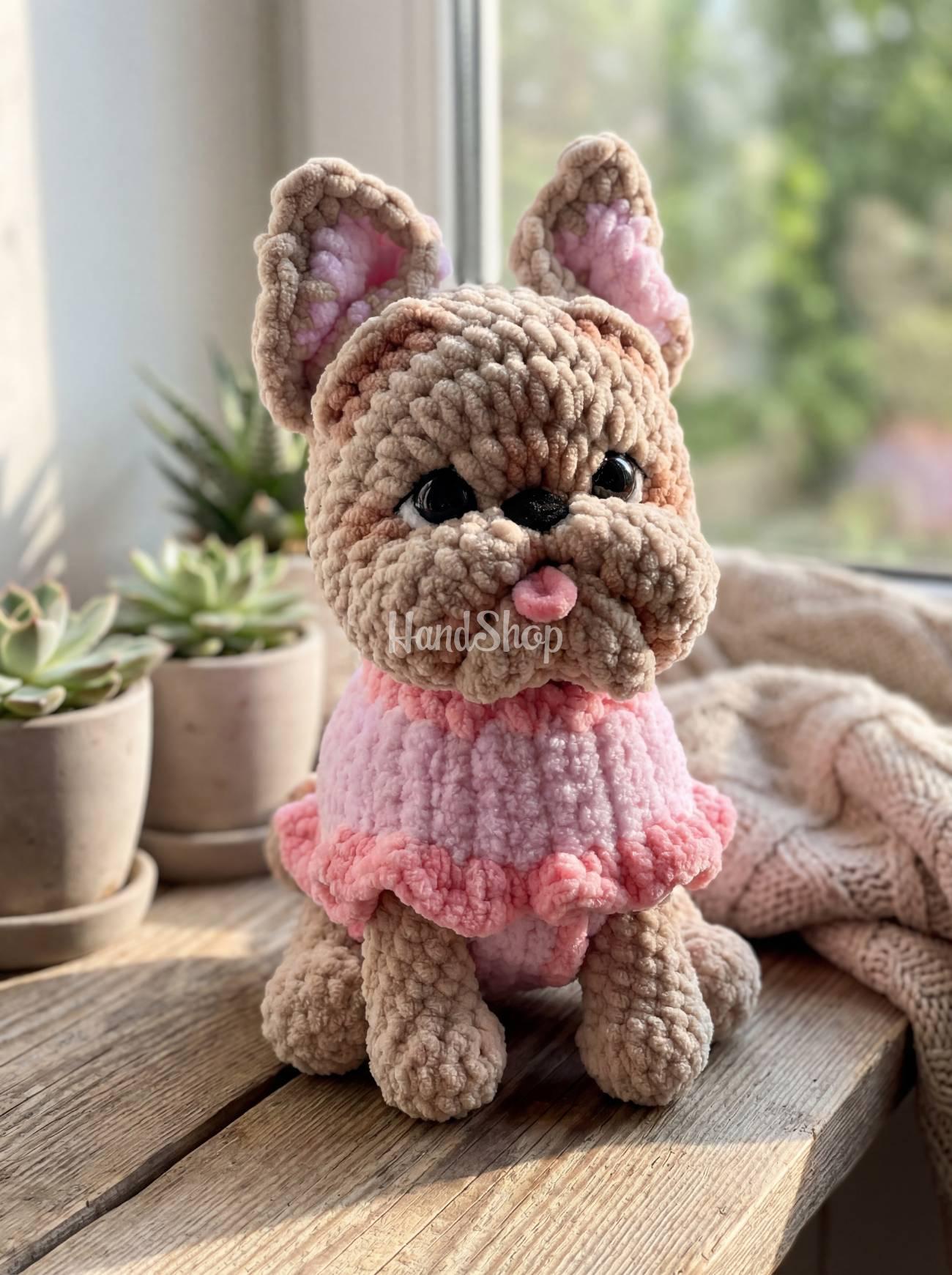 Авторська м’яка в'язана іграшка песик бульдог ручної роботи Авторська м’яка в'язана іграшка песик бульдог ручної роботи