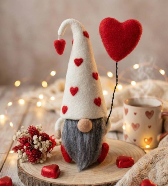 Сувенірний валяний гном із шерсті валентин з сердечком