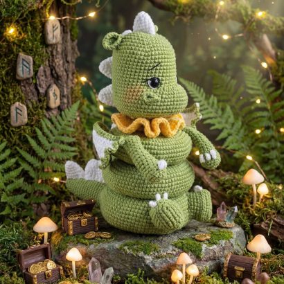 В’язана розвиваюча іграшка зелений дракон пірамідка сувенір