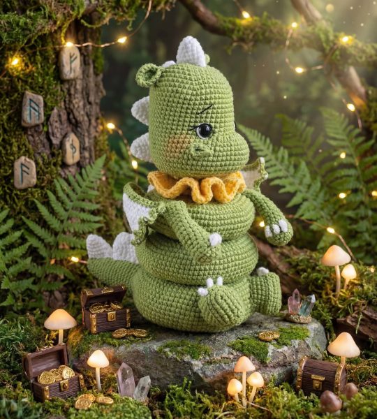 В’язана розвиваюча іграшка зелений дракон пірамідка сувенір