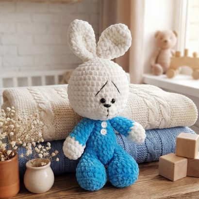 Зайчик сувенірний м’яка іграшка хлопчик у блакитному комбінезоні