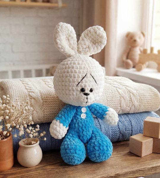 Зайчик сувенірний м’яка іграшка хлопчик у блакитному комбінезоні