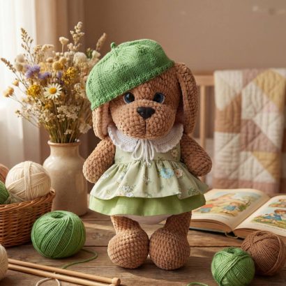 Авторська іграшка собачка дівчинка у сукні та береті