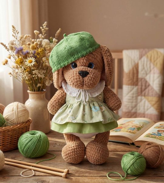 Авторська іграшка собачка дівчинка у сукні та береті