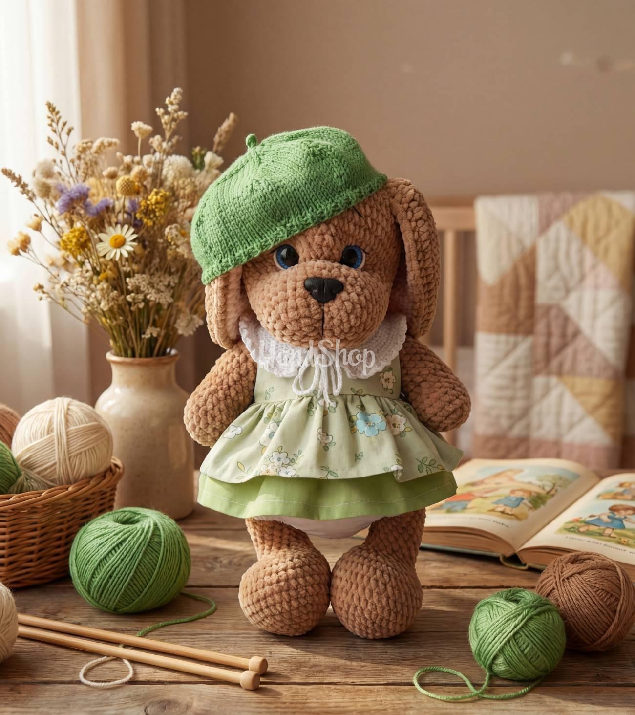 Авторська іграшка собачка дівчинка у сукні та береті Авторська іграшка собачка дівчинка у сукні та береті