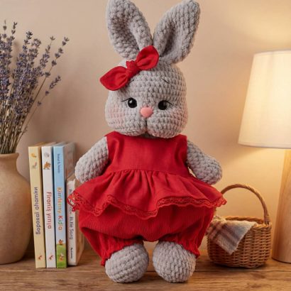 Дитяча іграшка кролик зайка в червоному комбінезоні