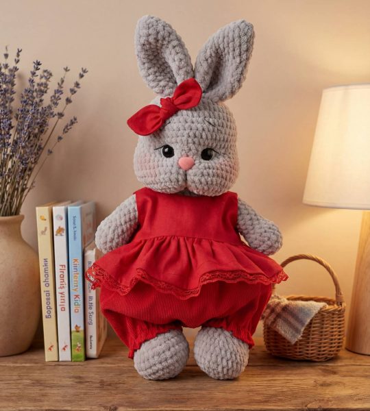 Дитяча іграшка кролик зайка в червоному комбінезоні