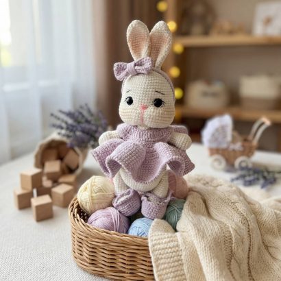 Авторська в'язана іграшка білий зайчик у фіолетовій сукні