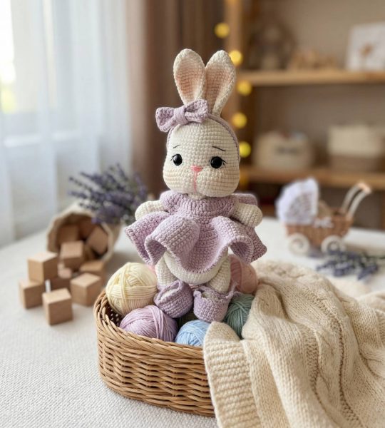 Авторська в'язана іграшка білий зайчик у фіолетовій сукні