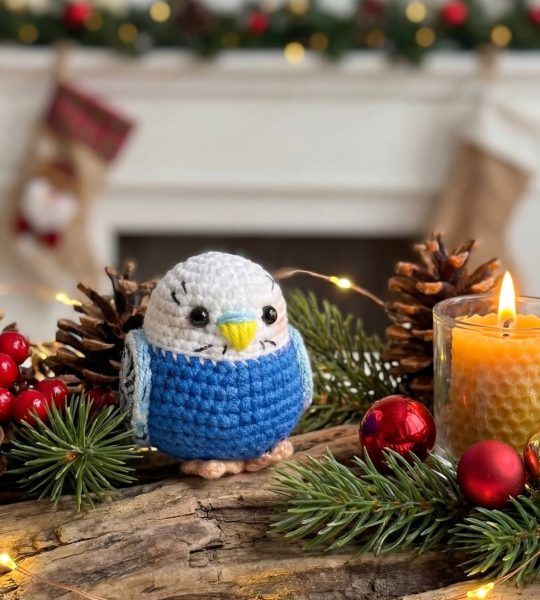 В’язана іграшка маленька сувенірна папужка, 7 см