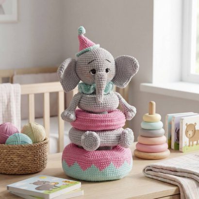В’язана розвиваюча дитяча іграшка сіре слоненя пірамідка