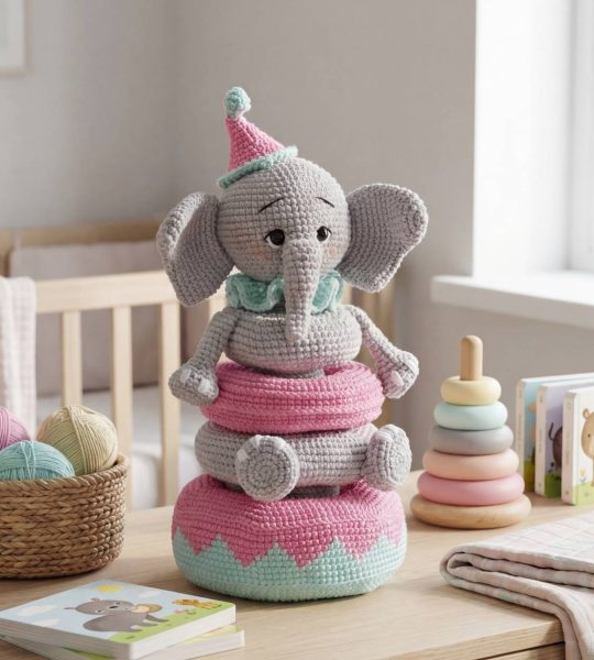 В’язана розвиваюча дитяча іграшка сіре слоненя пірамідка