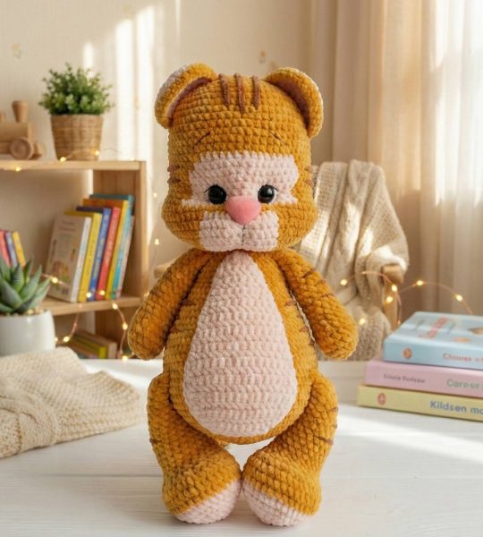 Сувенірна авторська в’язана м’яка дитяча іграшка тигр