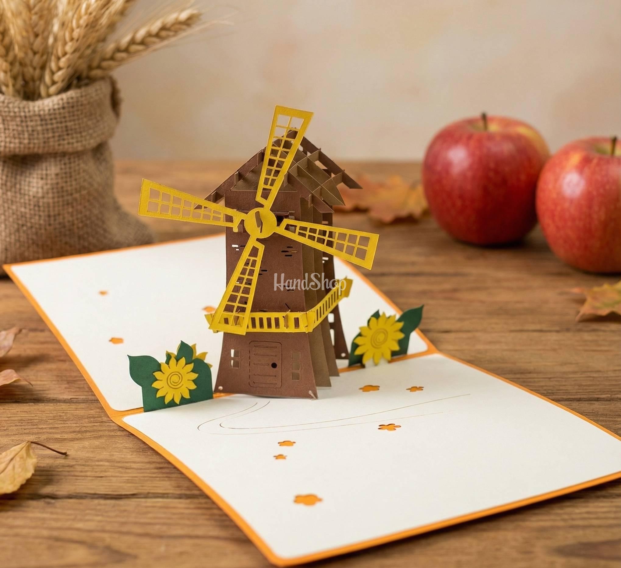 Красива авторська 3D листівка млин квіти соняшники Красива авторська 3D листівка млин квіти соняшники