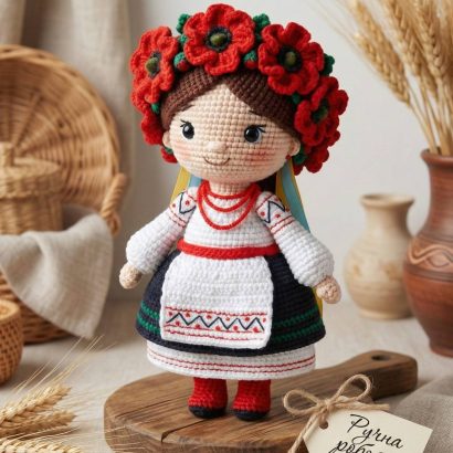 Сувенірна в’язана лялька україночка віночок квіти маки
